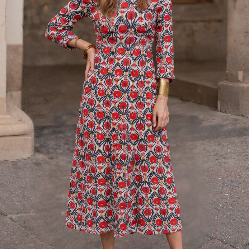 Women's Autumn Winter Floral Print Long Sleeve Maxi Dress - Elegant Versatile Casual Dress-CF55125