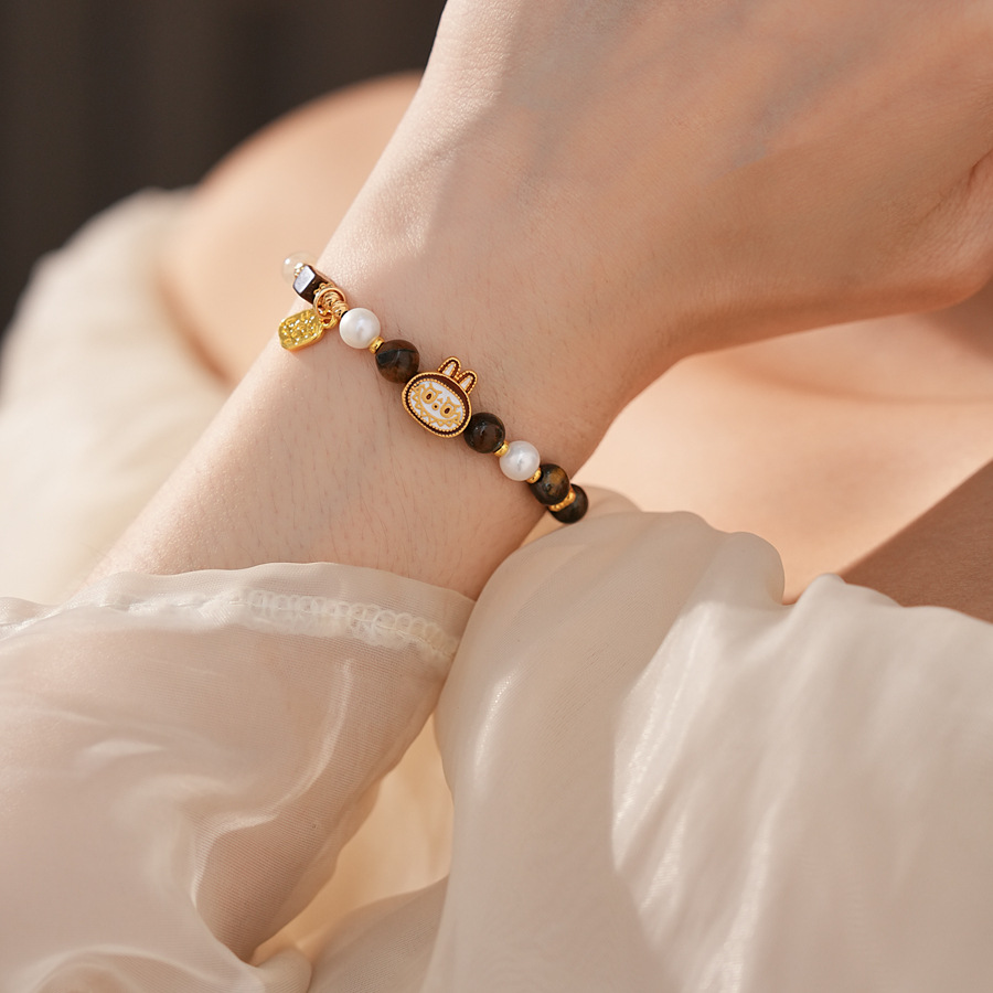 Tiger's Eye Beaded Labubu Stretch Bracelet - Retro Cartoon Playful Style Bracelet with Elegant, Niche and High-End Vibe for Women