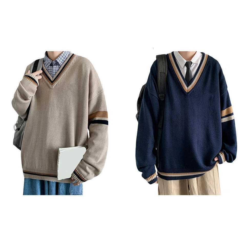 Mens Vneck Knitted Sweater Korean College Style Couple Loose Long Slve Top X251010