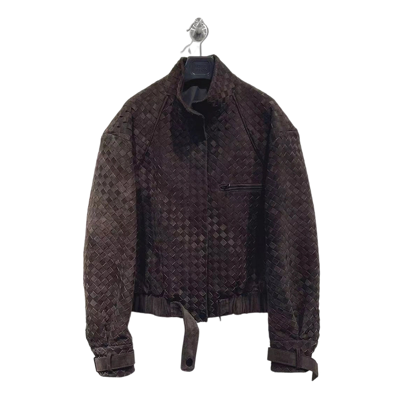 New handmade woven imported sheepskin short motorcycle casual European and American leather jacket for 2025