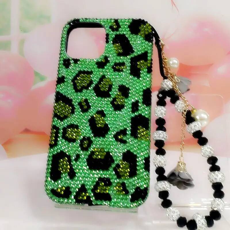 Bing Green Leopard Print Protective for iPhone11 121314 15pro Max Xs Xr Phone Case Rhinestone