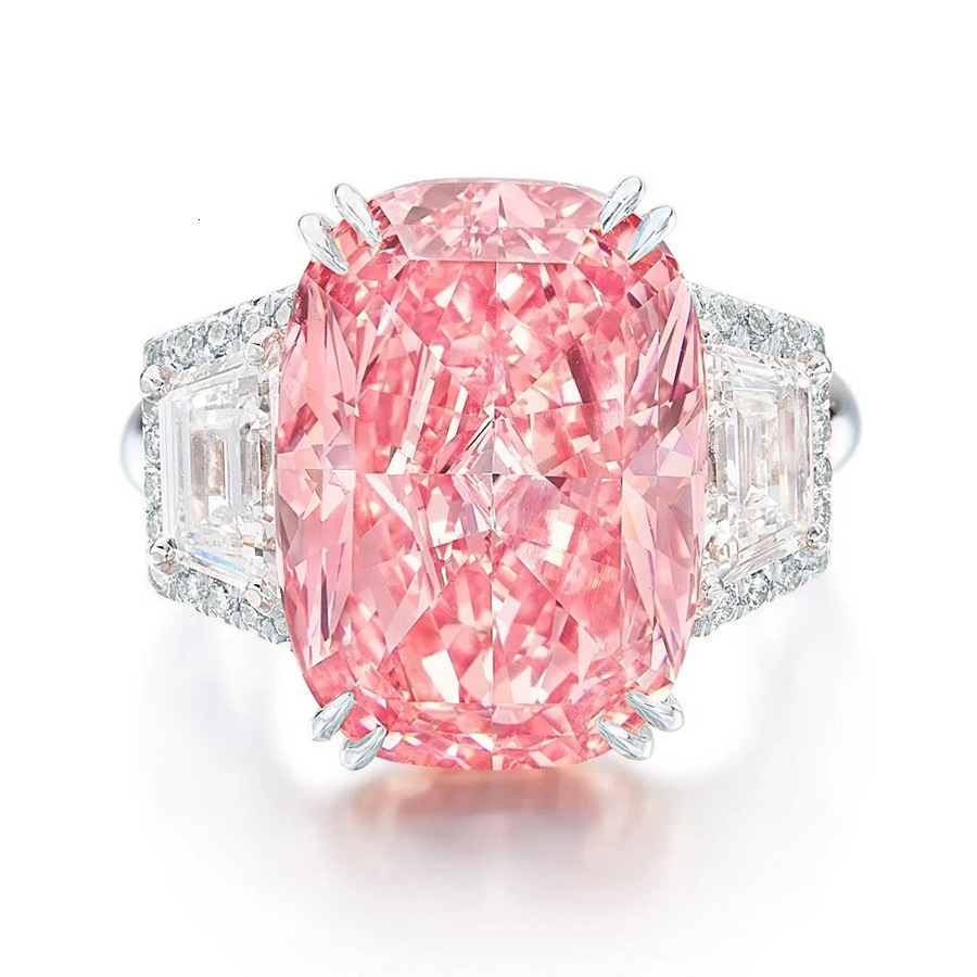 Luxury Brand Designer Jewelry Sotheby's Same Style Luxurious Heavy Craft Artificial Pink Diamond Ring Large Ice Flower Cut Fat Rectangular High C