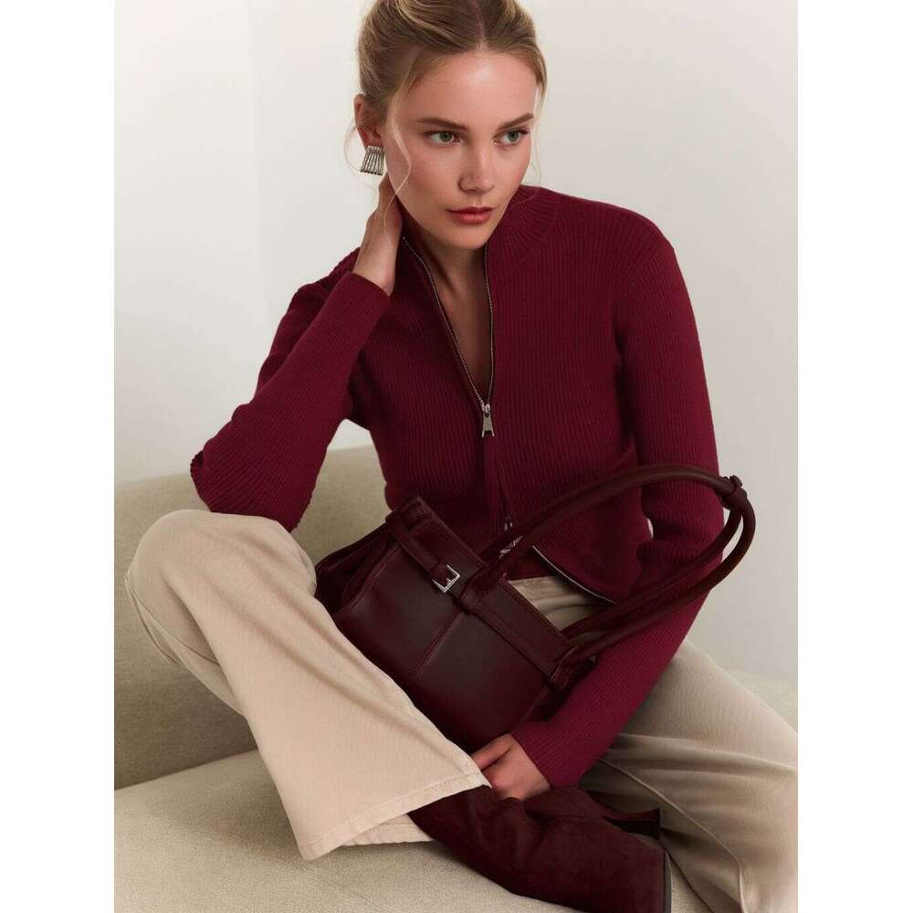 Zipper Slim Fit Top Stand Collar High Waist Trendy Long Sleeve Knitted Sweater Spring New Women's Ribbed Base Shirt B5