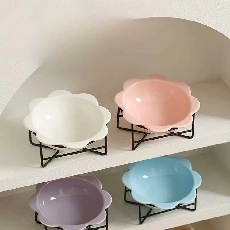 Elevated Ceramic Cat Bowl for Neck Health Wide TipProof Pet Food Dish with Stand AntiSpill Dog Bowl for Dry Wet Food and Water C251009