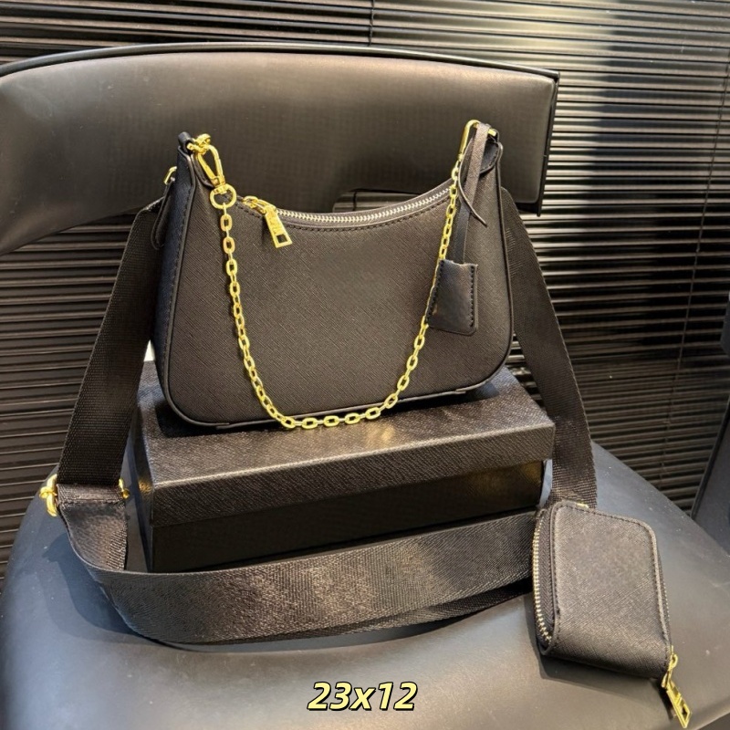 Luxury Hobo Underarm Half Moon Bag Saffiano 3in1 Tote Bag Shoulder Bag Silver/Gold Chain Purse Real Leather Crossbody Women Handbag Canvas Strap wallet 23cm