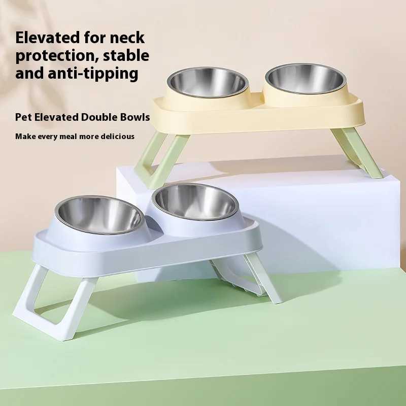 Stainless Steel Elevated Cat Bowl Dual Dish AntiSlip NonTip Raised Feeder Neck Support for Pets Dogs Cats C251009
