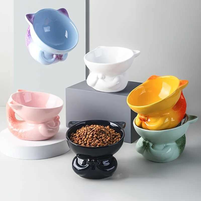 300ml Ceramic Raised Cat Bowl Neck Protection Cat Food Bowl Cute Cat Drinking Bowl Highfoot Kitten Feeder Pet Supplies C251009