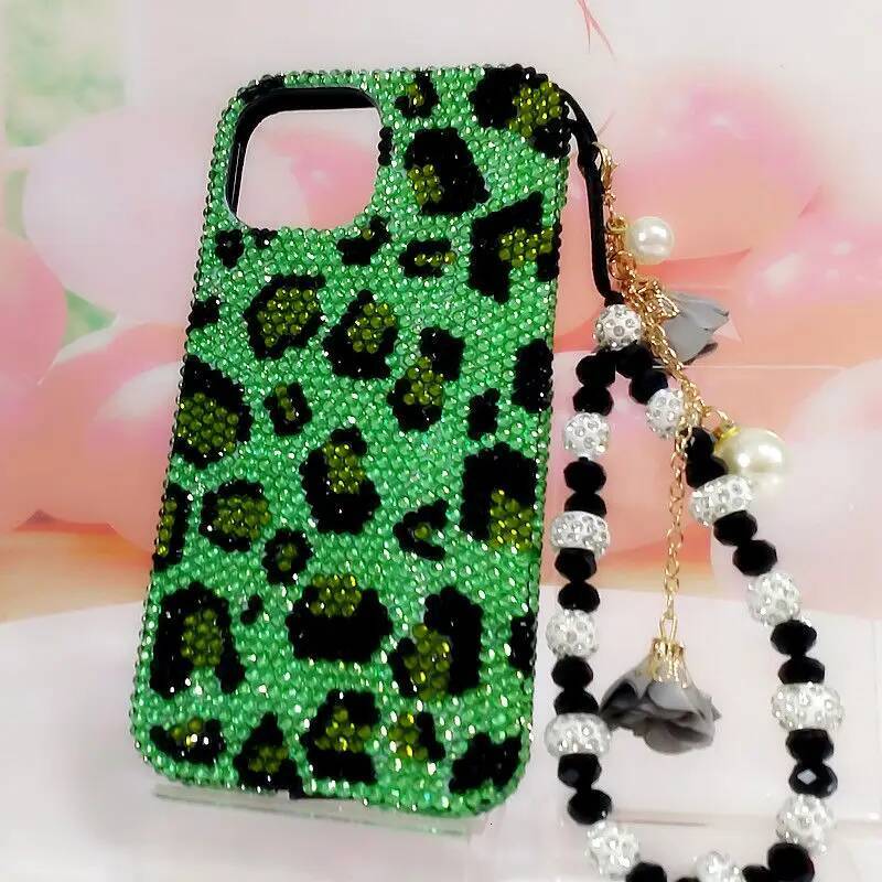 Bing Green Leopard Print Protective for iPhone11 121314 15pro Max Xs Xr Phone Case Rhinestone