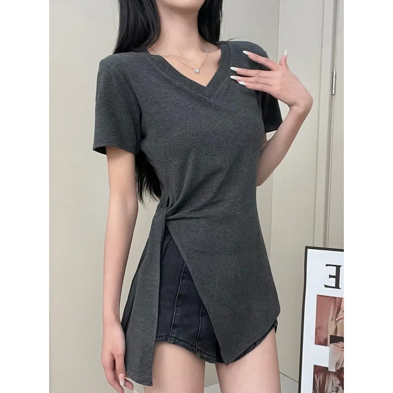 Irregular Designer Shirt Slit Tie Waist V-neck Top For Women 2025 New Summer Dark Designer Hoodie Gray Slim Fit Short Sleeve T-shirt