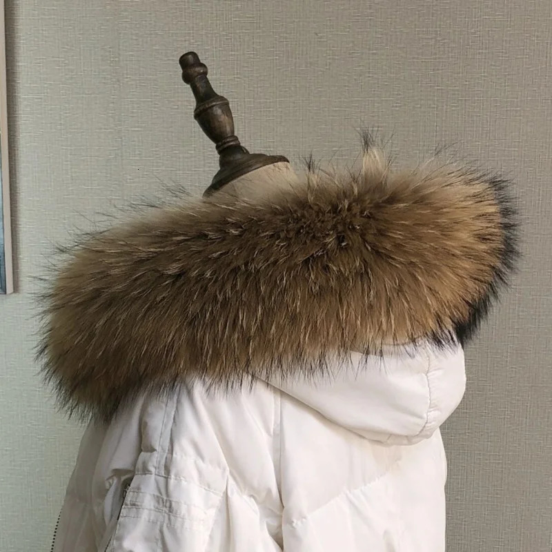Real Fur Collar for Coat Parka Winter Natural Raccoon Fur Scarf for Jacket Warm Furry Hood Trim with Buttons 251011