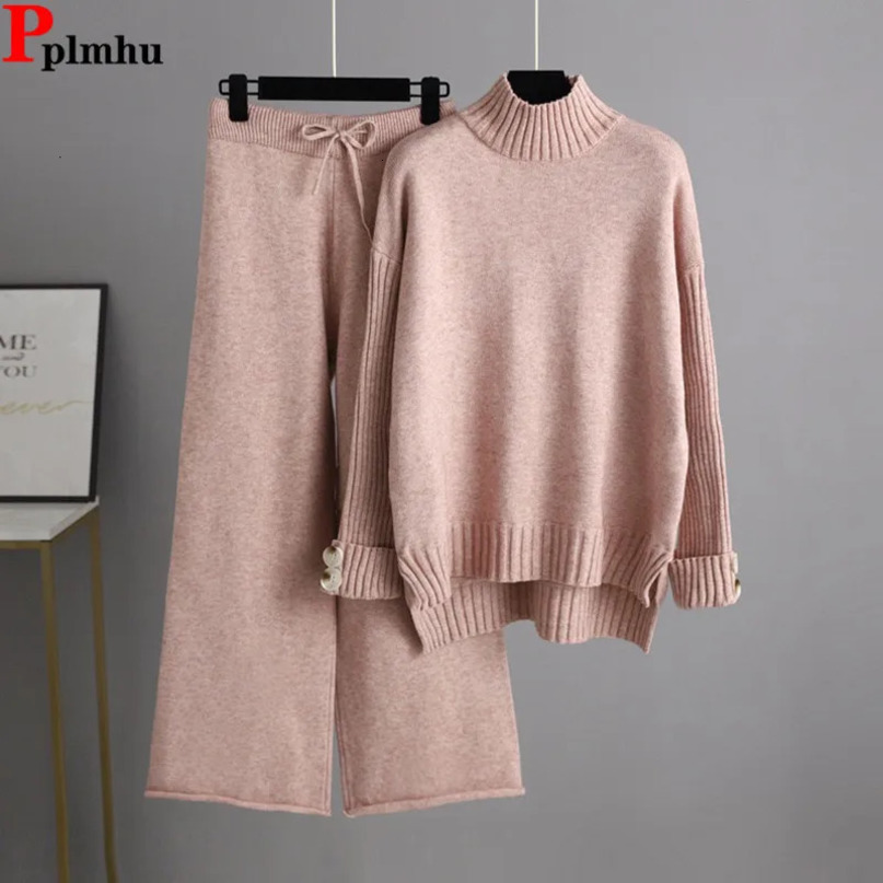 2 Piece Sets for Women Korean n Knit Turtleneck Thick Loose Knitwear Sweater Tops High Waist Wide Leg Pants Outfit 250729