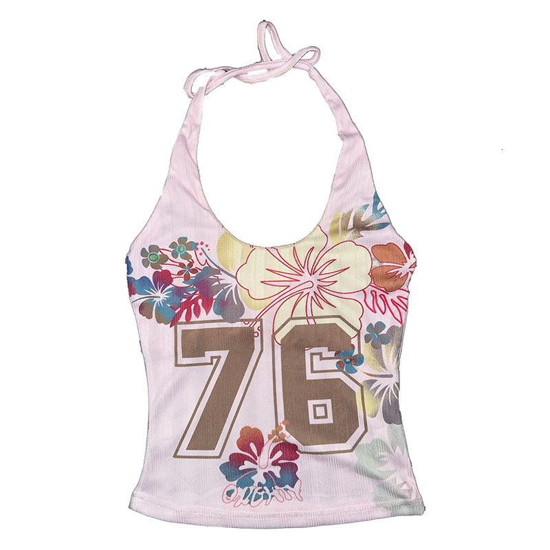 Pure Desire Island Floral Letter Womens High Neck Printed Sweet Spicy Girl Light Pink Halter Strap Tank Top