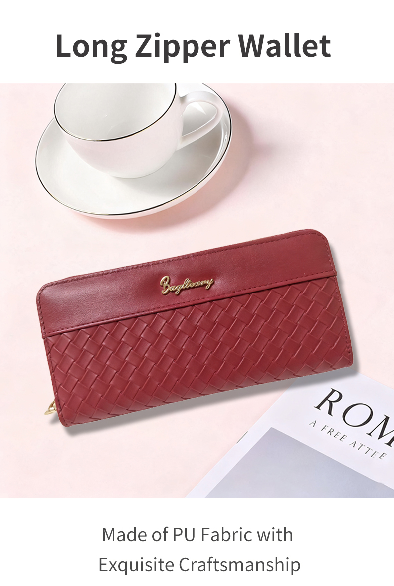 Wallets Women's Burgundy Woven Long Zip Wallet - Chic Wristlet Clutch with Metal Hook, Large Capacity Purse for Daily & Travel DSL