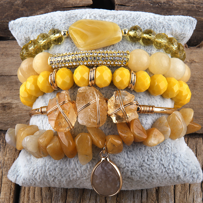 Bohemian Stack Bracelet Natural Stone Glass Mixed Crushed Stone Bracelet 5PCS Womens Bracelet Set
