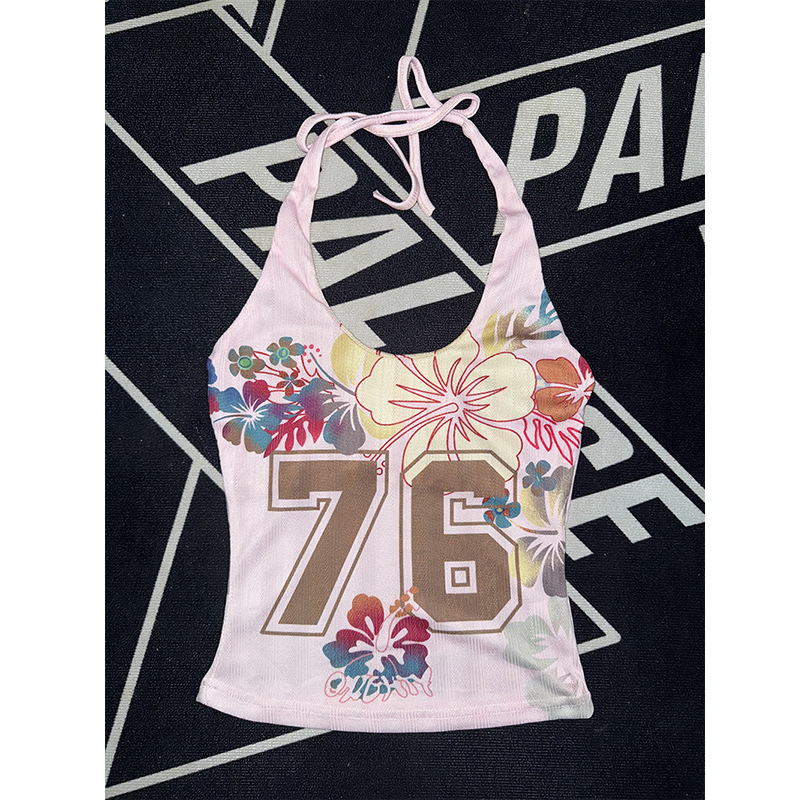 Pure Desire Island Floral Letter Womens High Neck Printed Sweet Spicy Girl Light Pink Halter Strap Tank Top