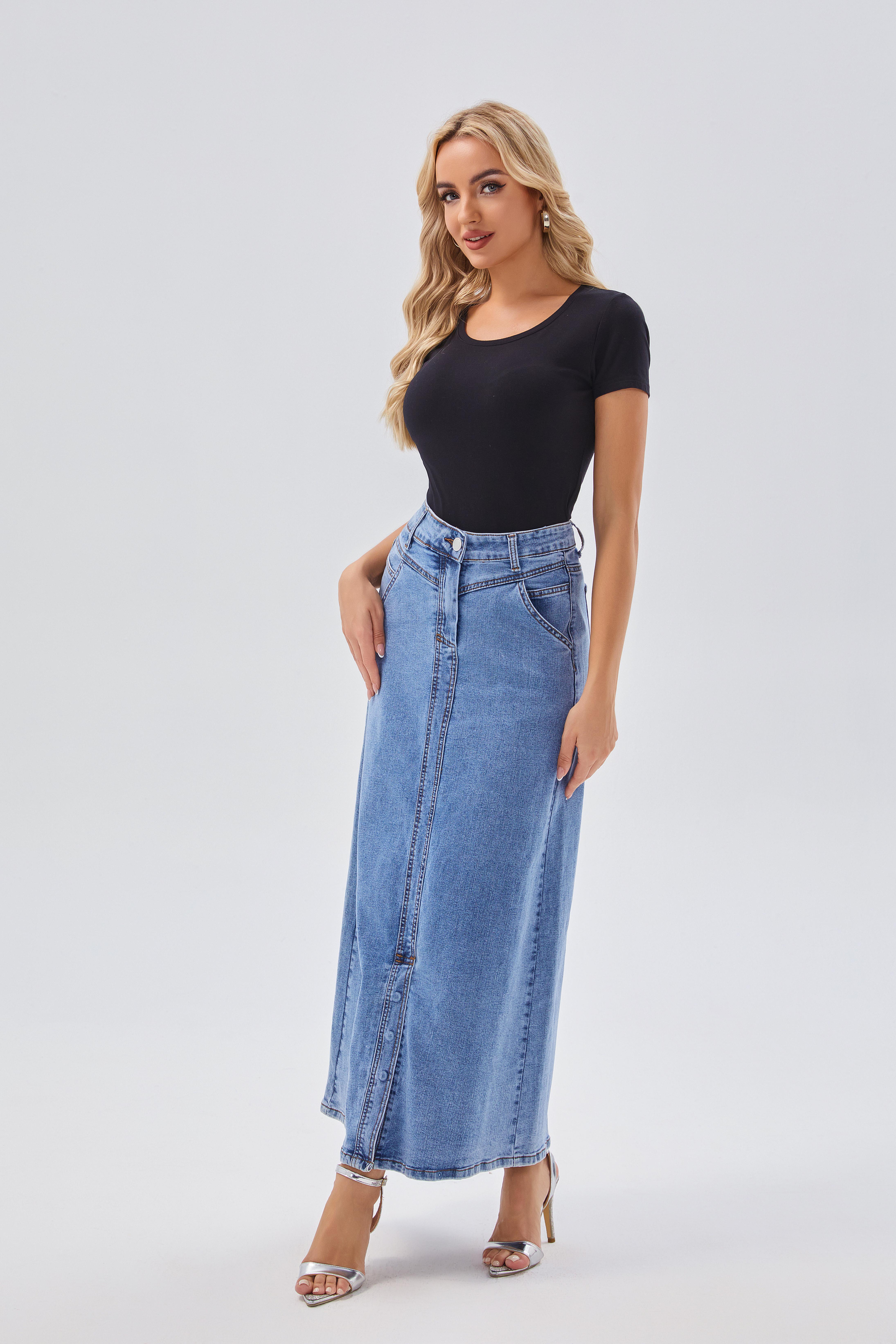Skirts Women's High - Waisted Button - Front Denim Maxi Skirt - Casual & Versatile, Ideal for Daily & Weekend Wear