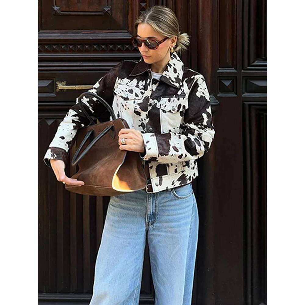 Fashion Womens Cow Print Jacket Lapel Collar Short Length Zipper Button Coats Autumn Winter Female Trendy Warm Outerwear