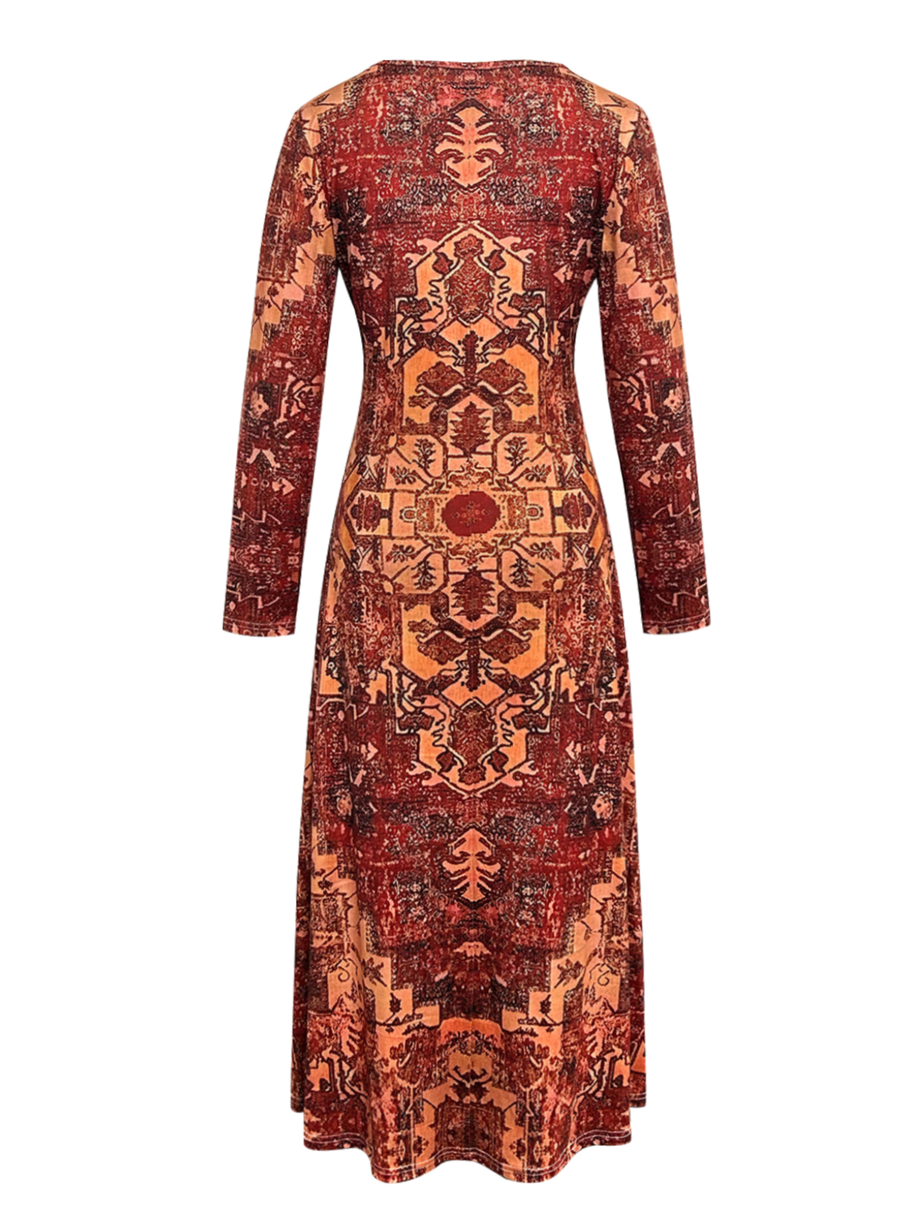 Women's Autumn Winter Retro Printed Midi Dress - Casual Versatile Elegant Office - Wear Brick - Red Dress-CF56328