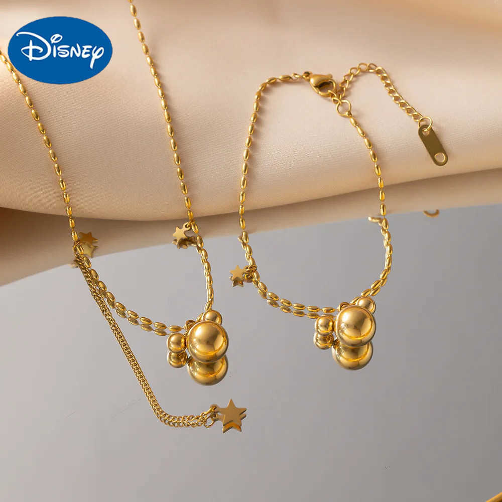 Disney 18K Gold Plated Mickey Mouse Head Pendant Necklace Bracelets for Women Girls Fashion Cartoon Jewelry Accessories Gifts H251011