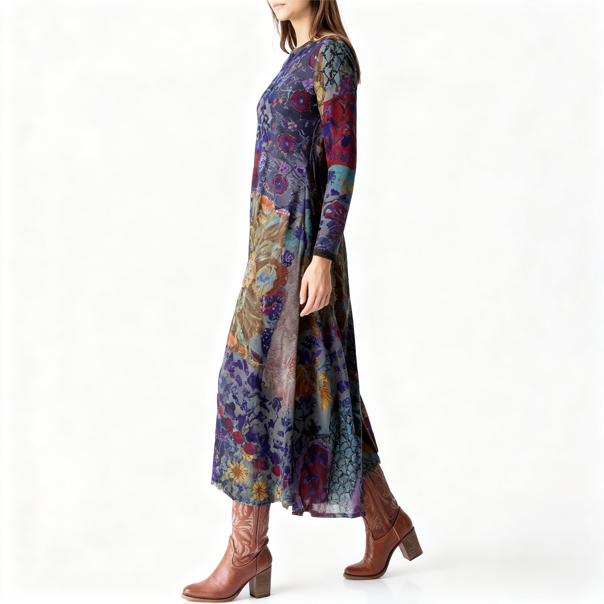 Women's Autumn Winter New Floral Patchwork Maxi Dress - Vintage & Casual Mixed - Color Dress-CF43251