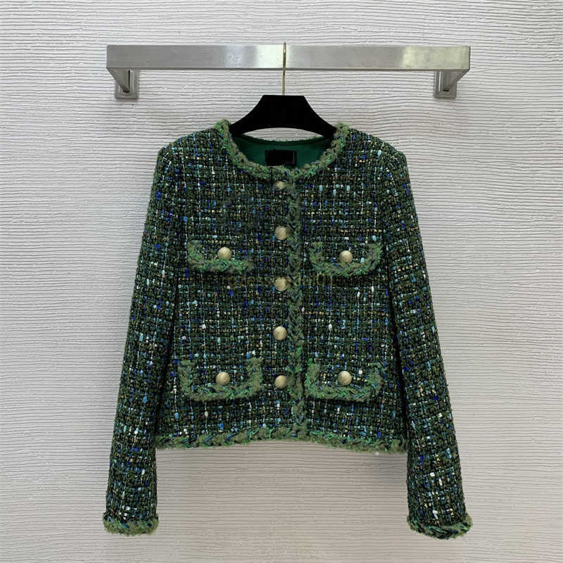 designer jacket women Mixed-color woven tweed fashion round-neck short coat with metal chains sewn inside the hem veste femme womens coat