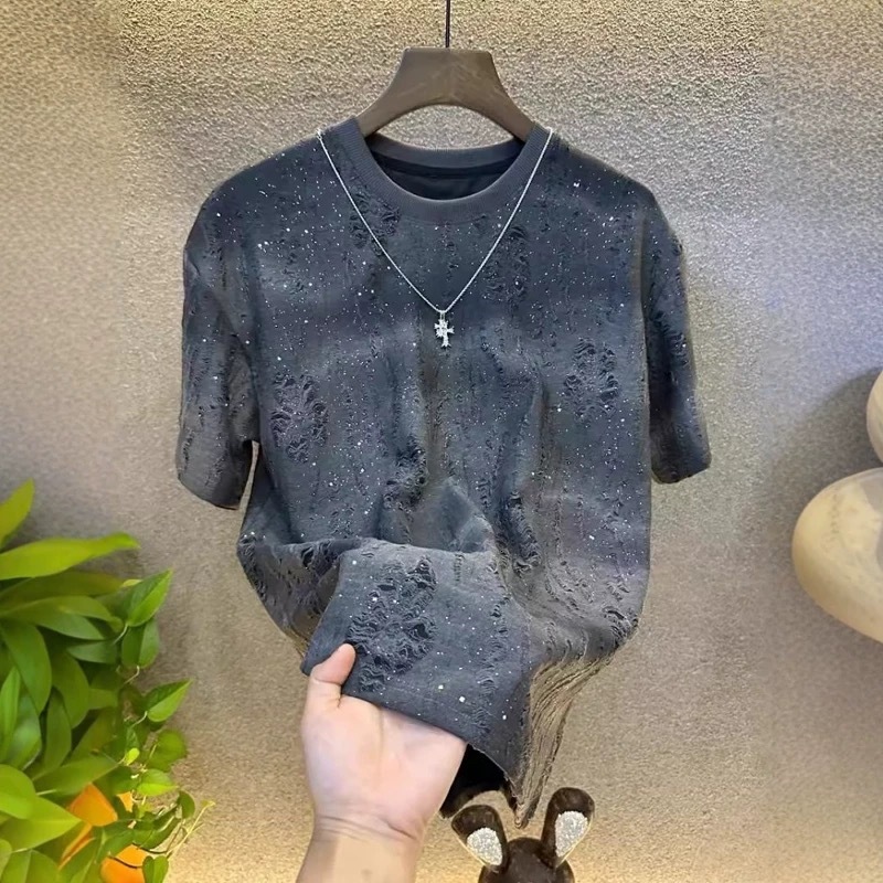 Summer New Luxury High-quality Men's Starry Designer Hoodie Sky Short Sleeve T-shirt Trendy Sequin Gradient Distressed Designer Shirt Crew Neck T