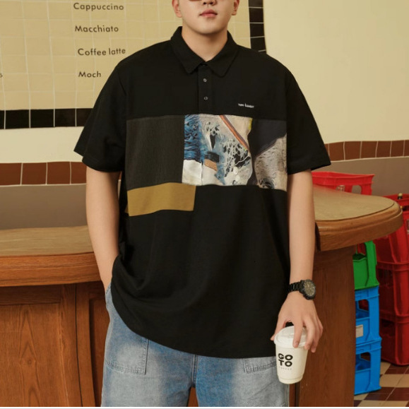 Trendy Plus Size Men's Summer New Patchwork Loose Designer Hoodie Casual Oversized Short Designer Shirt Sleeve Polo Shirt
