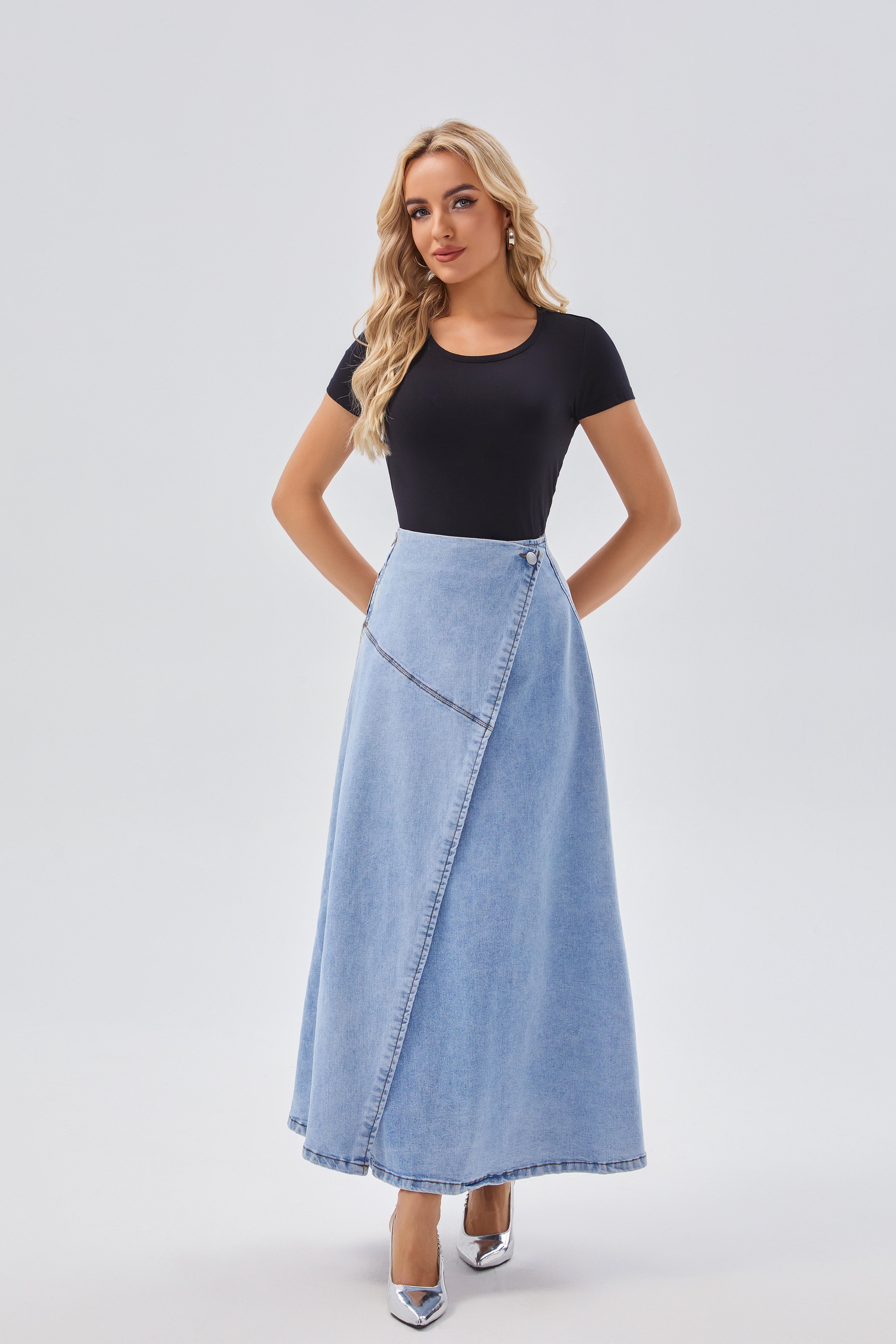Skirts Women's Asymmetric Button - Up Light Blue Denim Midi Skirt - Trendy & Versatile, Perfect for Casual & Semi - formal Occasions