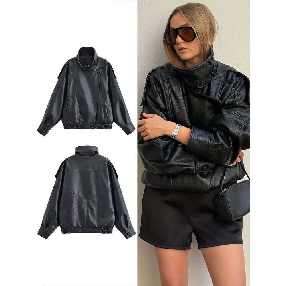 HH 2025 Autumn Women Pu Leather Jacket Vintage Solid Loose Long Sleeve Zipper Turtleneck Coat Casual Office Lady Outerwear