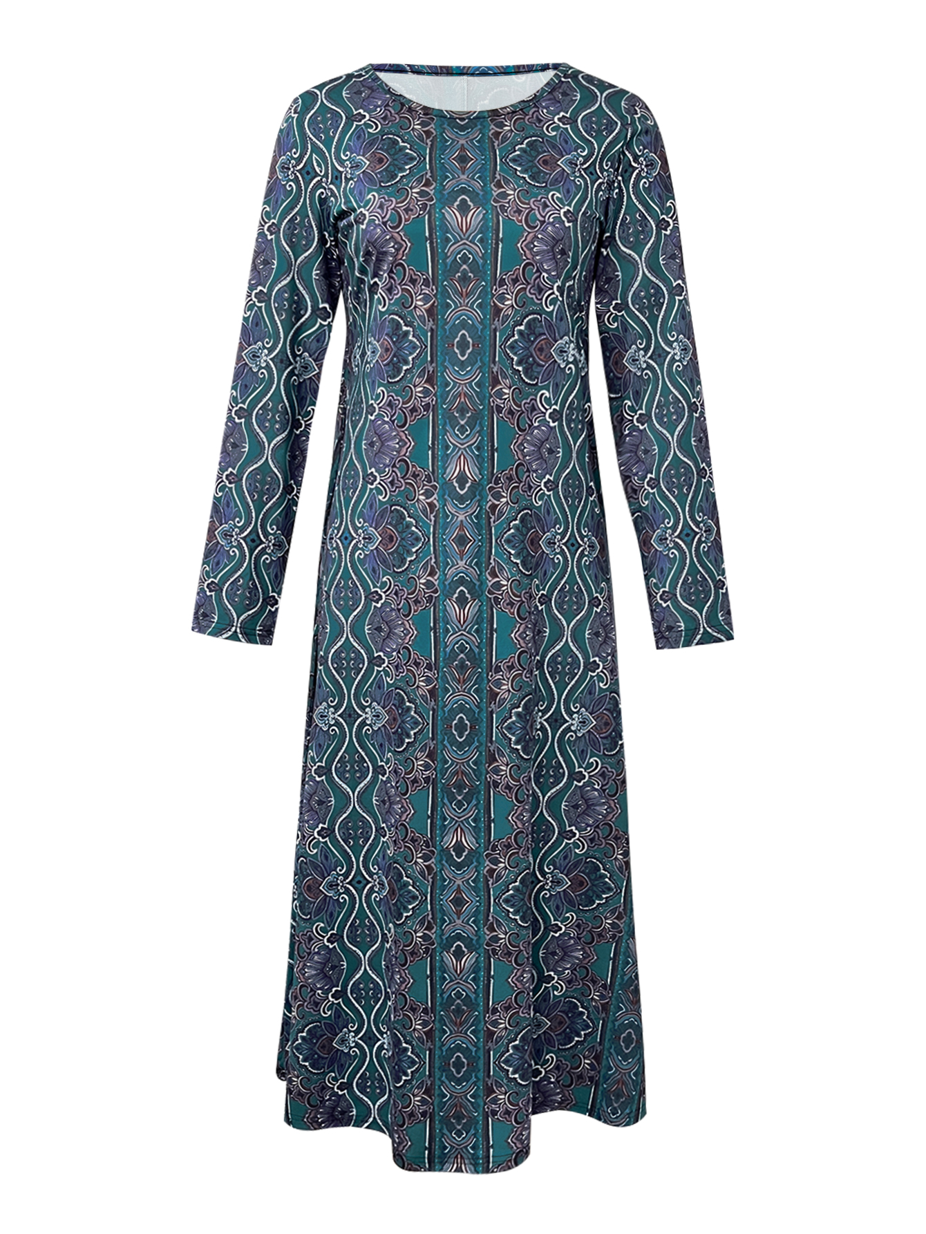Women's Autumn Winter New Floral Printed Maxi Dress - Versatile Commute & Casual Dark Teal Dress-CF42328