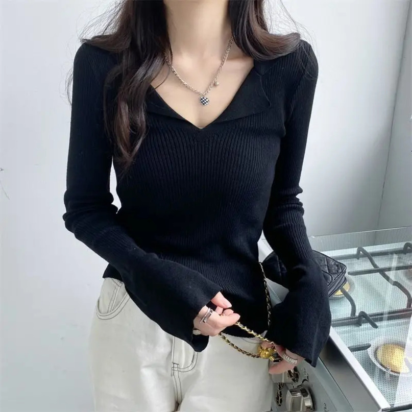 Black Casual Women Polo Neck Tee Shirt T Shirts Woman Top Korean Fashion Clothing Long Sleeve Clothes High Quality Streetwear 250814