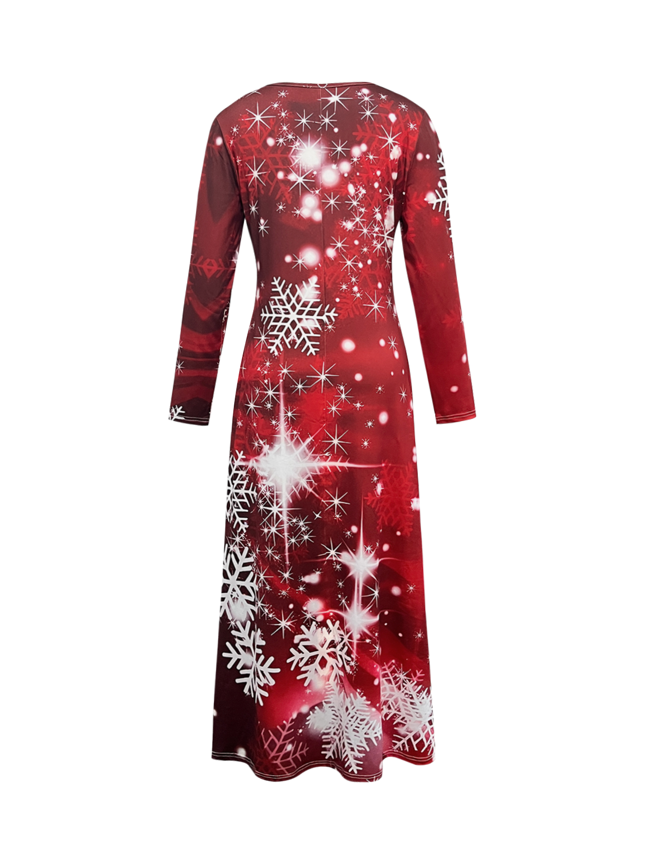 Women's Autumn Winter Christmas Snowflake Printed Dress - Festive V - Neck Long - Sleeve Red Dress-CF51194