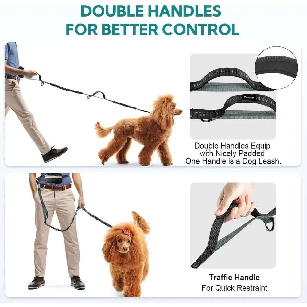 Hands Free Pouch, Leash for Two Dogs, Retractable Bungee with Double Padded Handles, Dog harness
