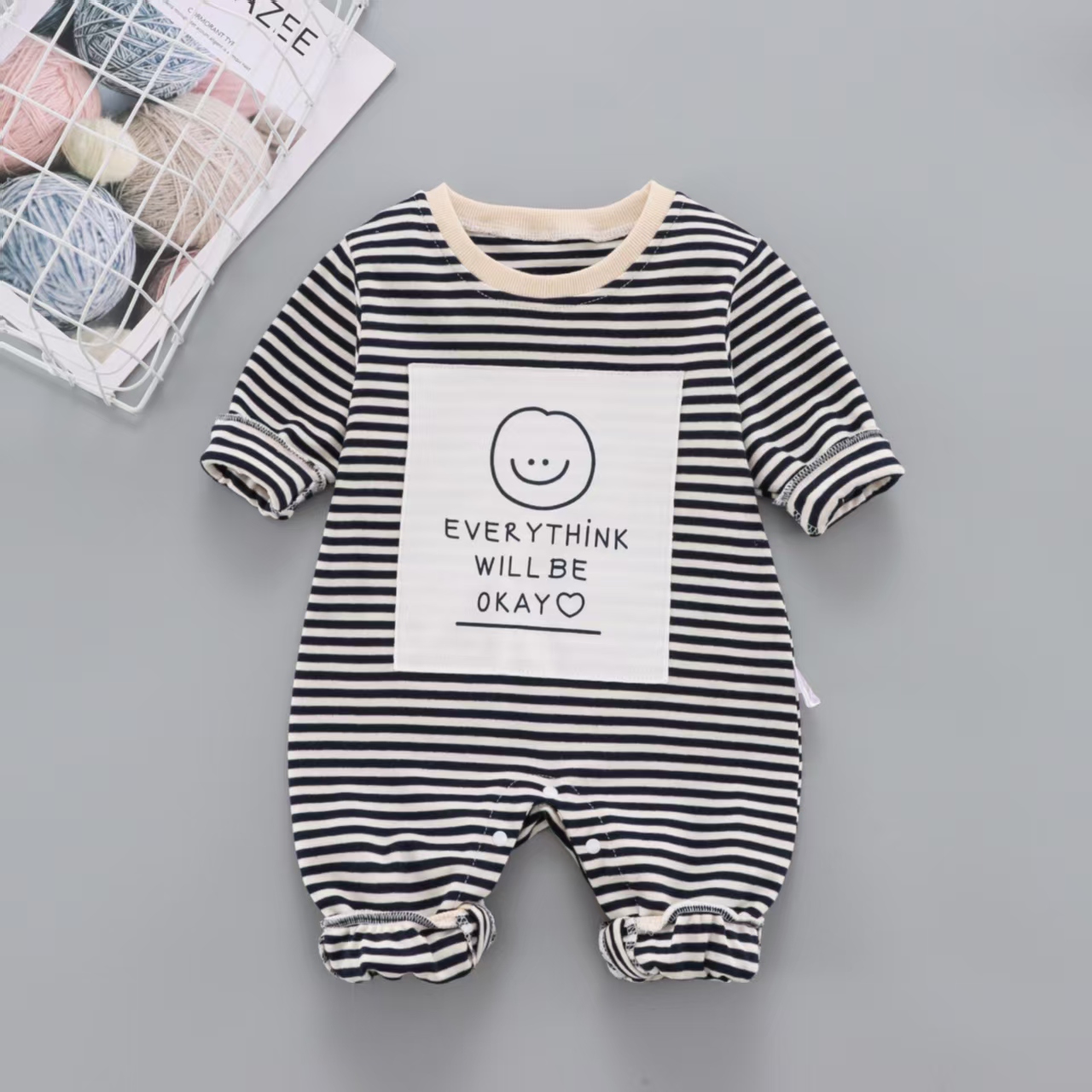 Baby and toddler clothing outdoor pure cotton smiling striped jumpsuit