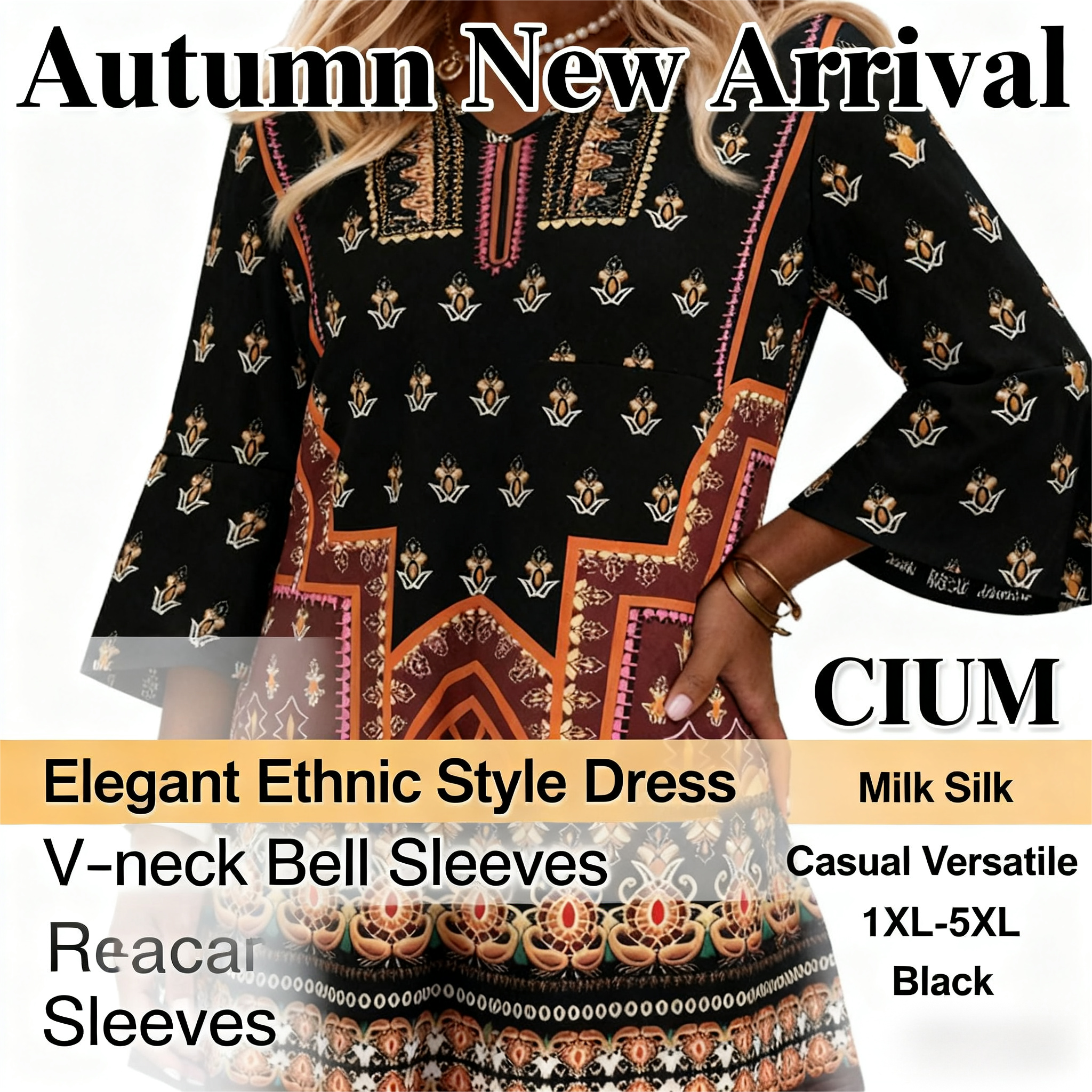 Women's Autumn New Plus - Size Ethnic - Style Printed Dress - Elegant & Versatile Office - Wear Black Dress-YL25404