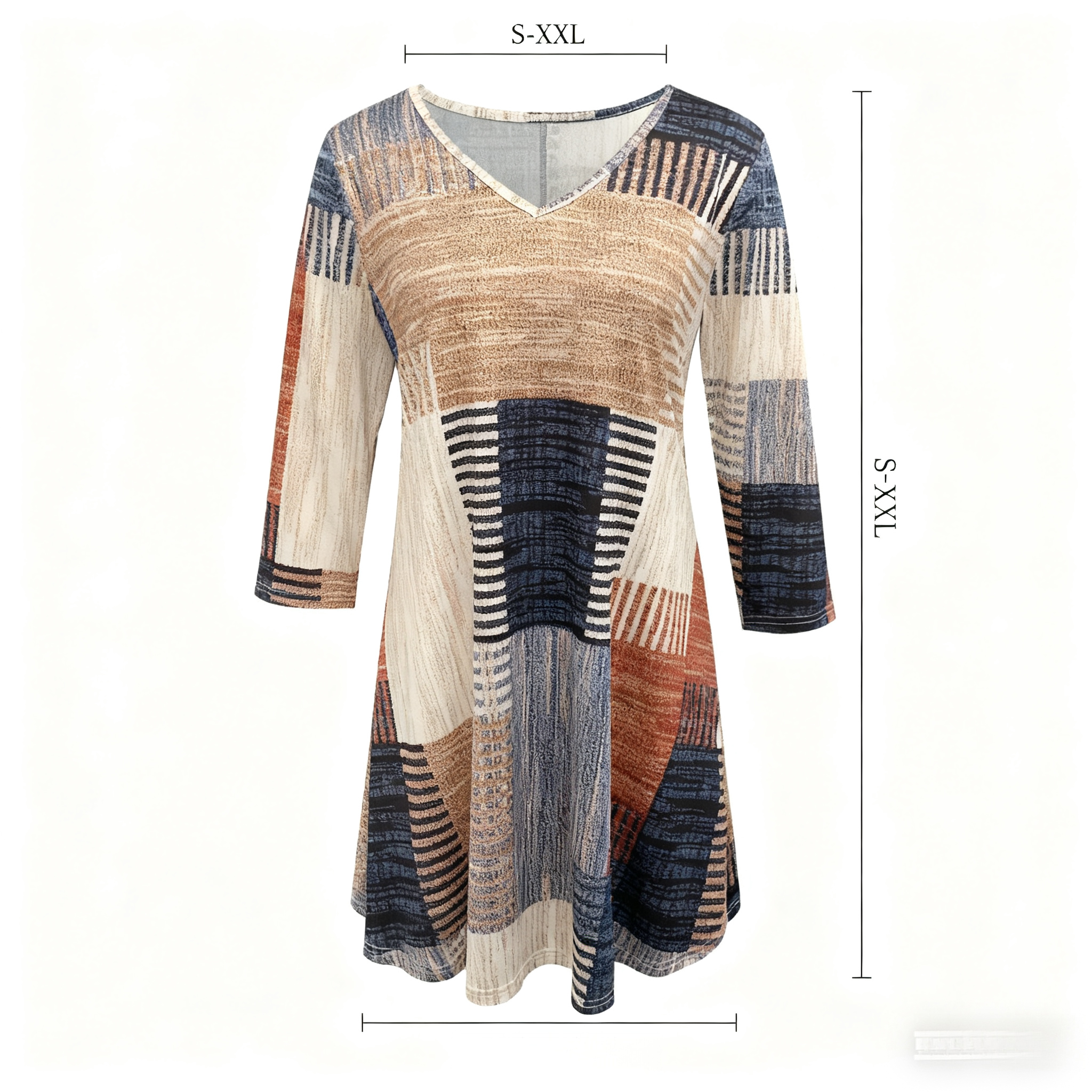 Women's Autumn Winter New Irregular Plaid Print V - Neck Dress - Casual Versatile Khaki Dress-CF42044