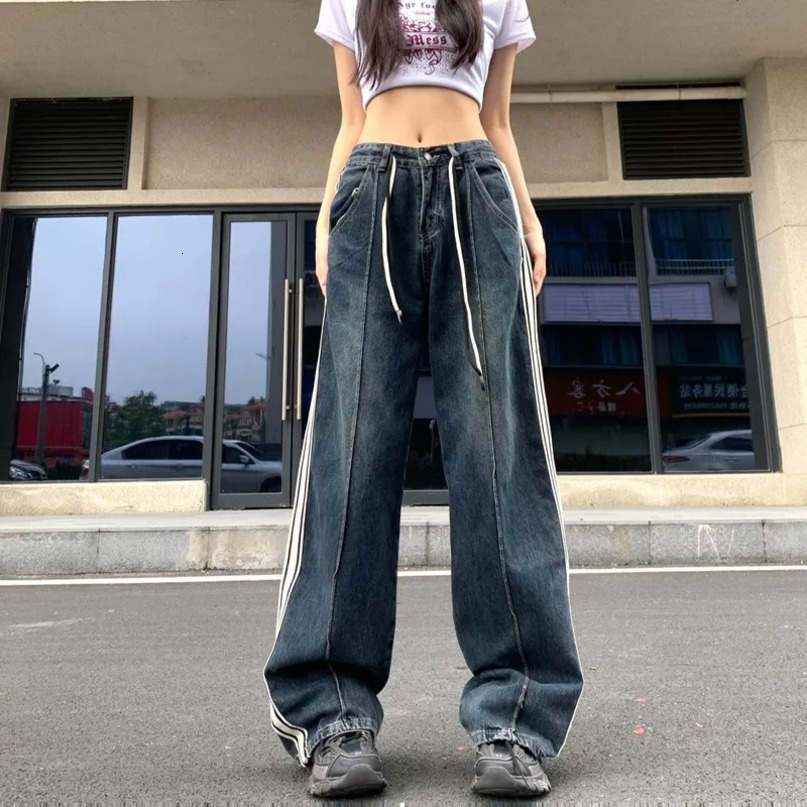 Womens Jeans Vintage Striped Patchwork Wide Leg for Women AmericanStyle Straight Pants Long Denim Trousers 231005