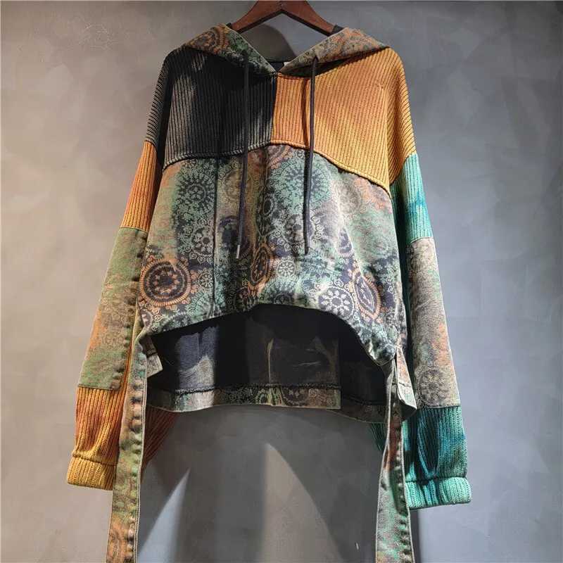 DEAT Women Hooded Pullover Patchwork Knitted Sweater Denim Printed Short Front Long Back Hoodie 2025 New Fashion Autumn 29A2289 L2510108ALU