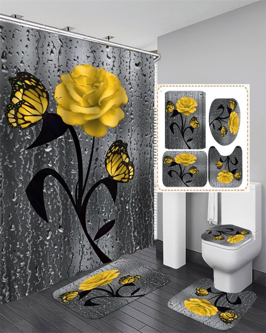 Floral Bath Mat and 180x180cm Shower Curtain Set Shower Curtain with Hooks Bath Rugs Anti Skid Bathroom Carpet Toilet Foot Pad Bat2463660