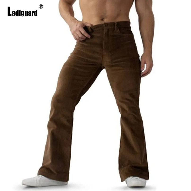 Mens Stand Pocket Elegant Corduroy Pants Dark Brown Flare Trousers Plus Size 3xl Fashion Zipper FullLength Bottoms 241021