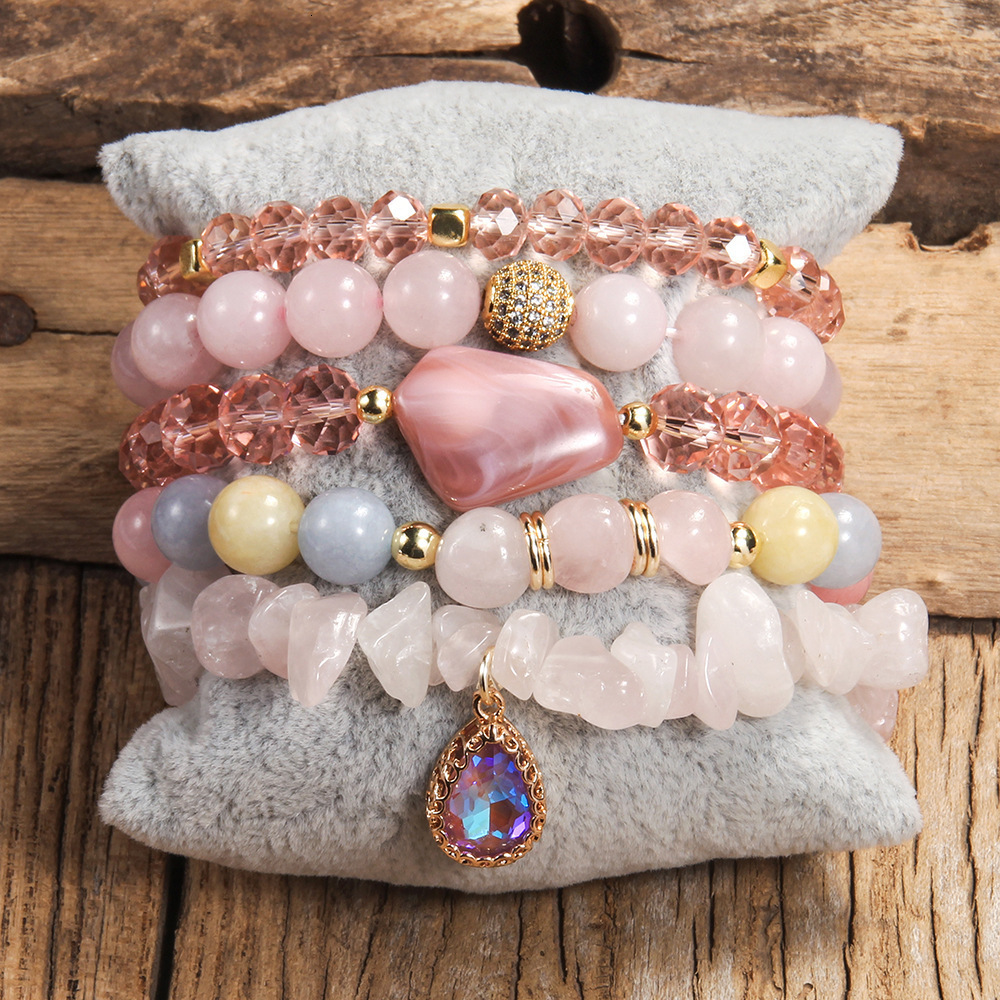 Bohemian Stack Bracelet Natural Stone Glass Mixed Crushed Stone Bracelet 5PCS Womens Bracelet Set