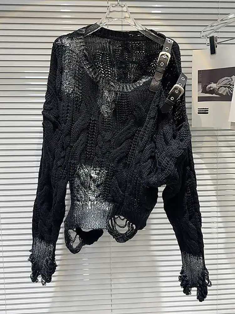 DEAT Womens Sweater Off Shoulder Loose Knitted Holes Long Slve Irregular Pullover 2025 New Fashion Summer 11A0891 L251010E7FM