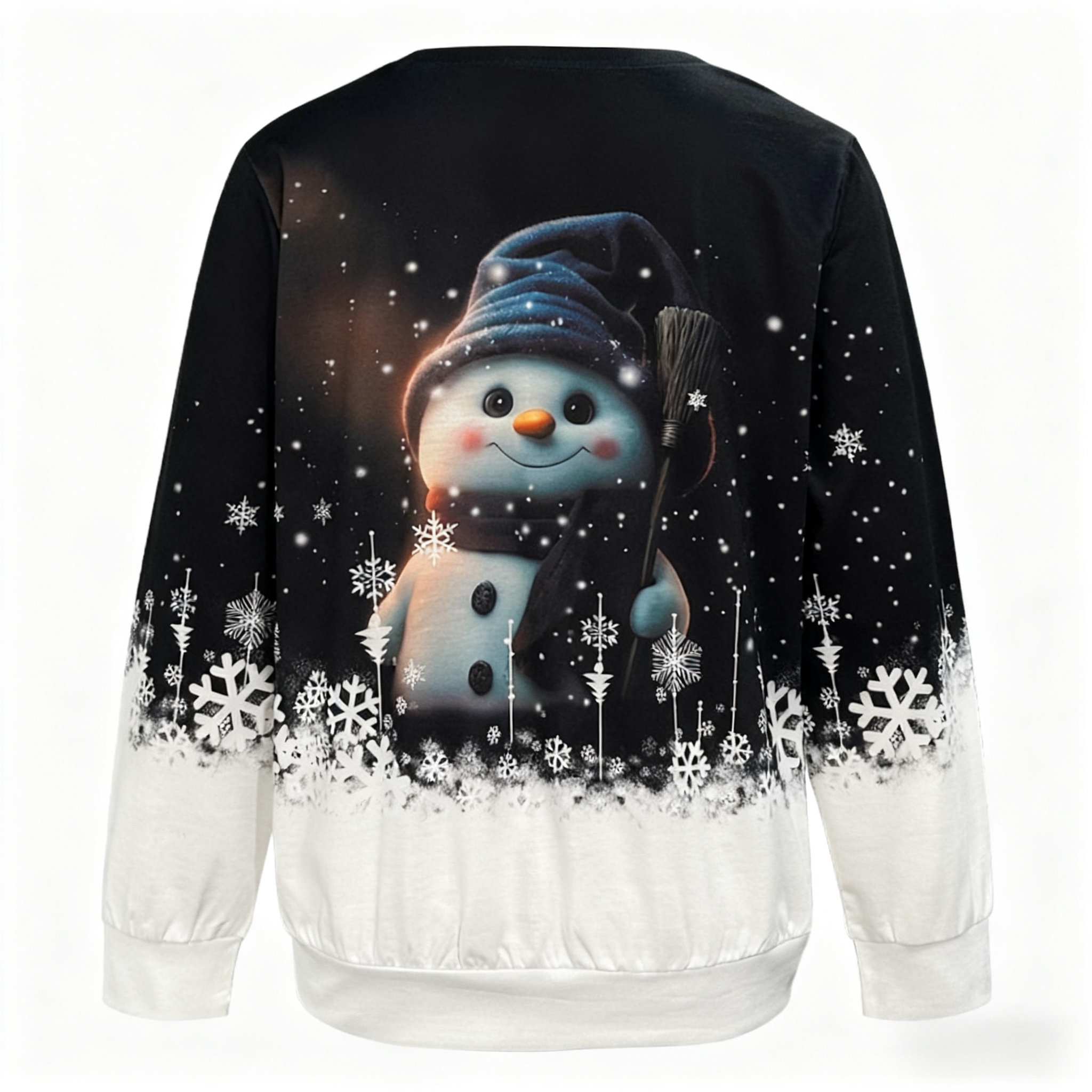 Women's New Christmas Snowman & Snowflake Print Sweatshirt - Festive Versatile Black & White Top-CF40393
