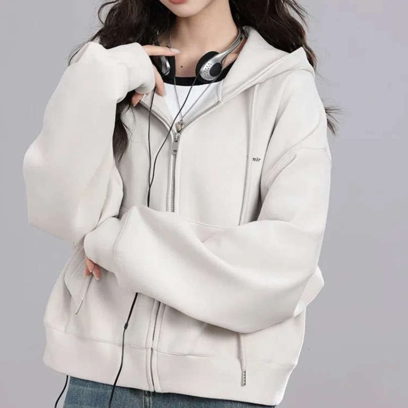 Korean Fashion Solid Color Zipper Pockets Hooded Lantern Long Sleeve Womens Clothing Spring Autumn Cardigan Coats Hoodies Tops 241203