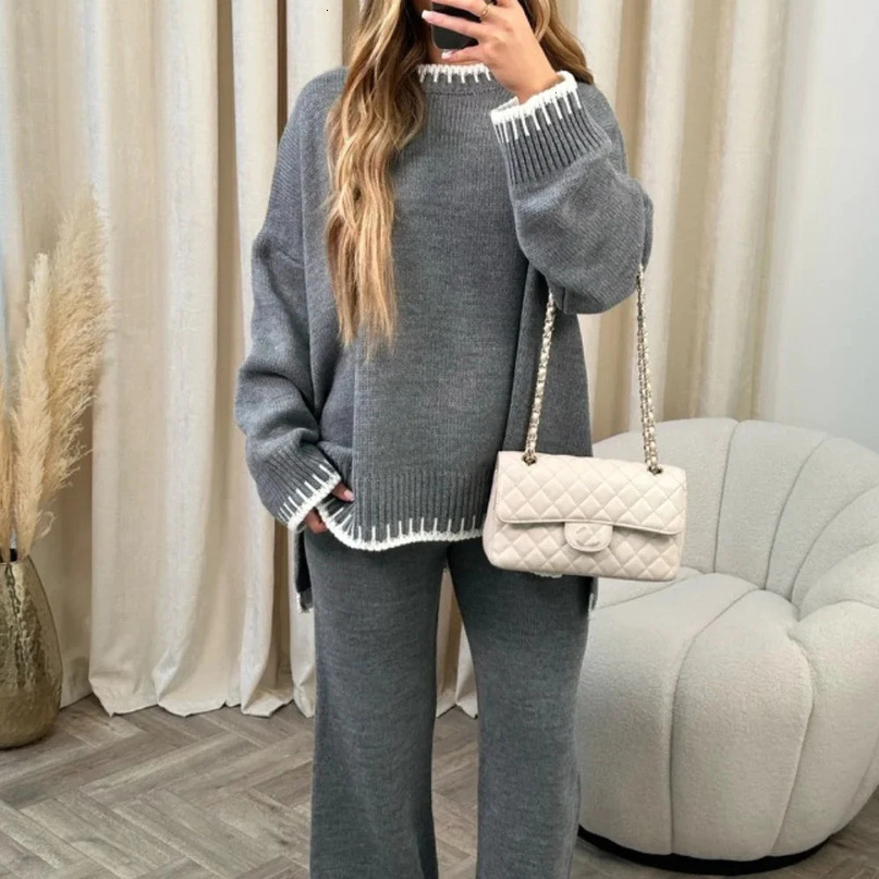 Women Knitting 2 Piece Set Casual Loose O Neck Pullover Top Wide Leg Pants Two Outfits Fashion Color Matching Home Suit 250729