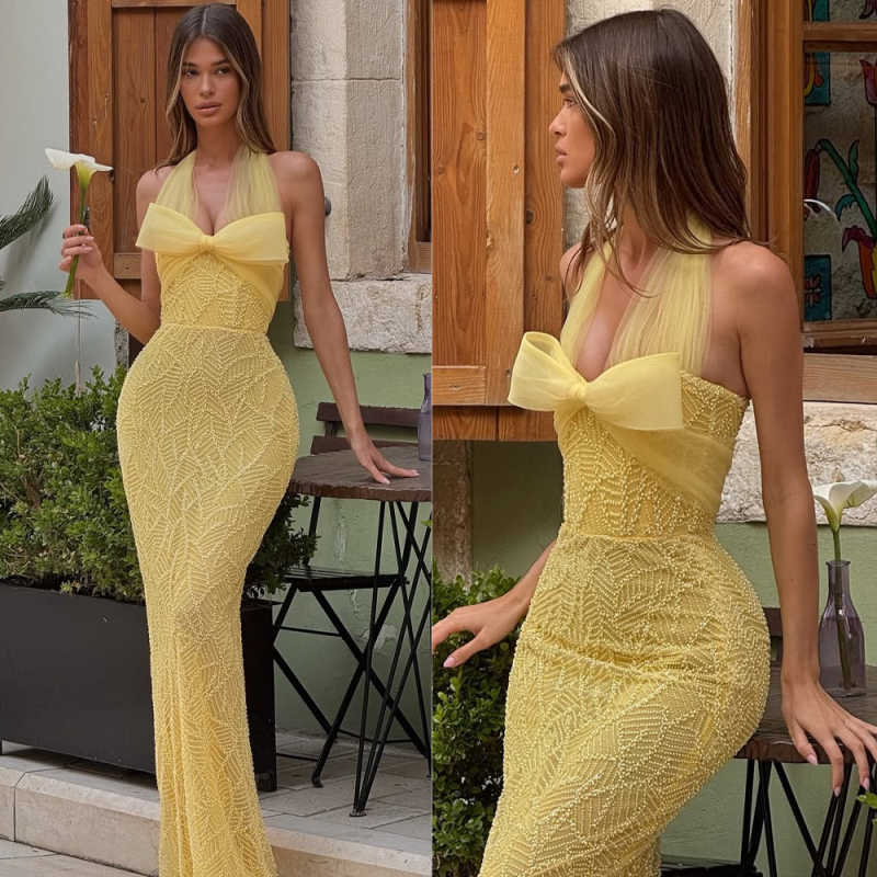 Customized Yellow Halter Neck Beading Prom Dresses Mermaid Sleeveless vestidos de noiva Bow Floor-Length Formal Evening