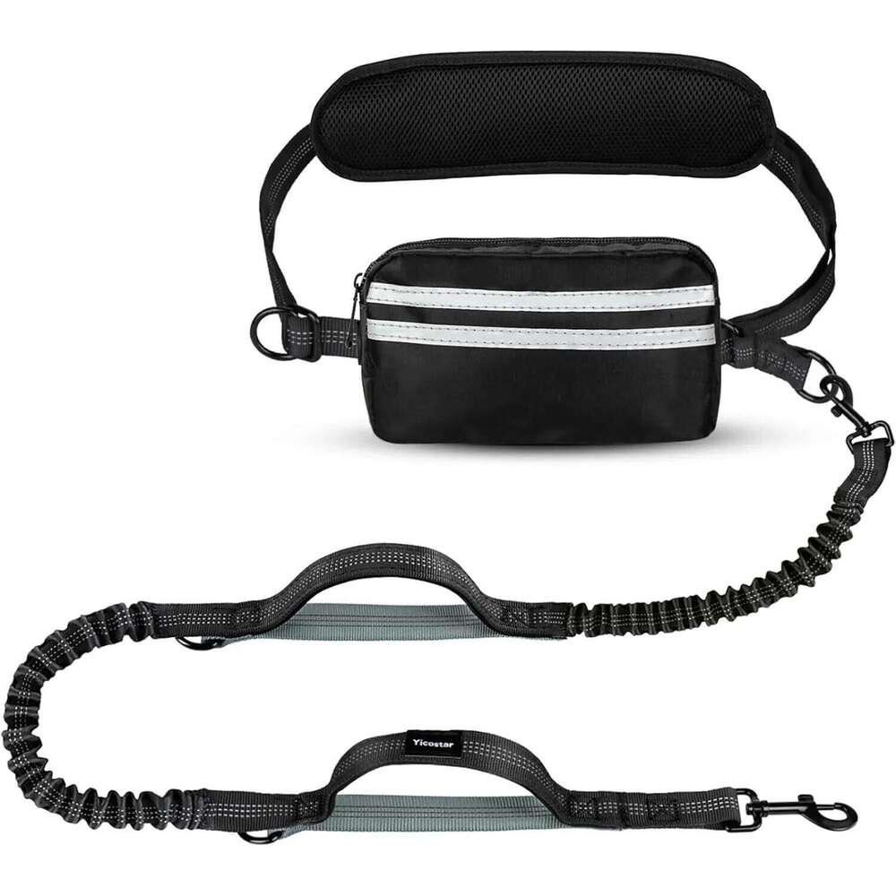 Hands Free Pouch, Leash for Two Dogs, Retractable Bungee with Double Padded Handles, Dog harness