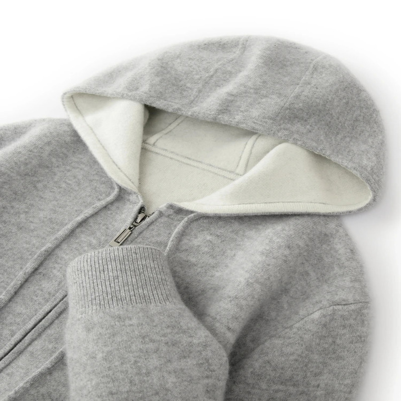 High quality autumn mens hooded cashmere sweater with long sleeves casual and loose drawstring 100% Merino wool knitted Korean version top 241115