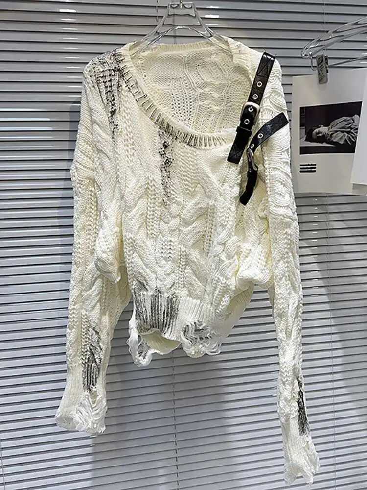 DEAT Womens Sweater Off Shoulder Loose Knitted Holes Long Slve Irregular Pullover 2025 New Fashion Summer 11A0891 L251010E7FM