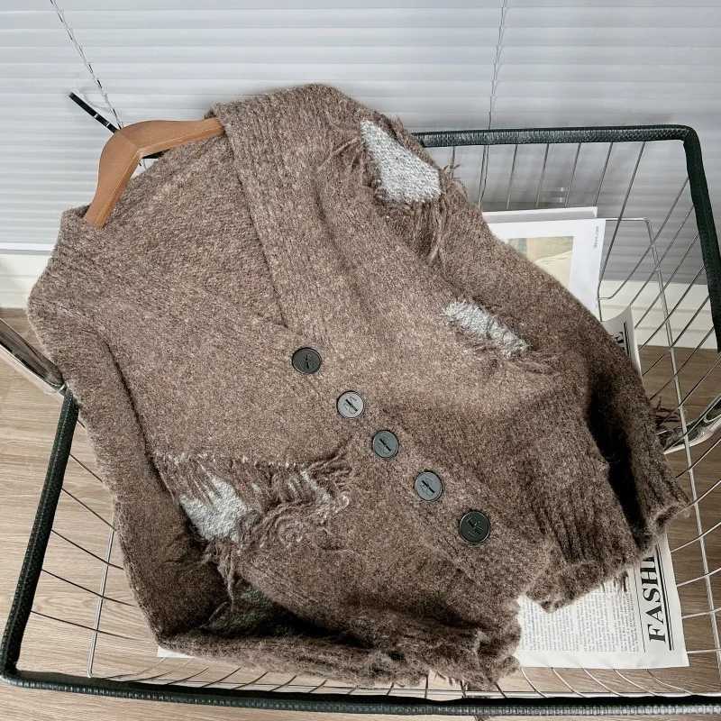 DEAT Womens Cardigan Vneck Patchwork Tassel Loose Long Slve Irregular Knitted Sweaters 2025 New Autumn Fashion 29A3213 L251010LW2Q